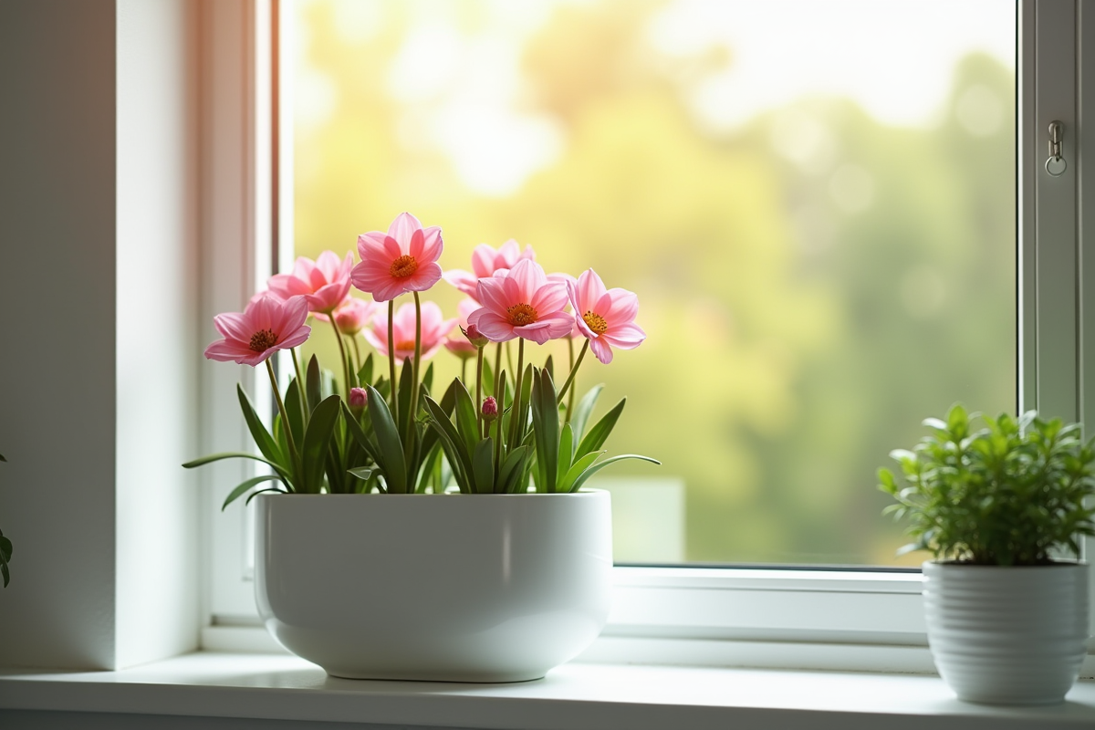 Fleurs en pleine floraison dans un pot moderne en U sur une fenêtre lumineuse