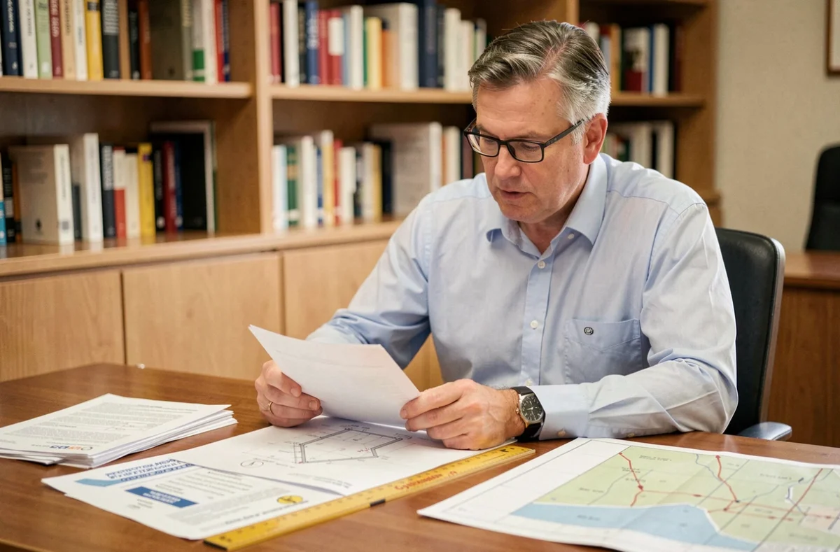 Fonctionnaire municipal examinant des documents d'urbanisme et de permis concernant les petites structures de jardin dans un bureau de mairie
