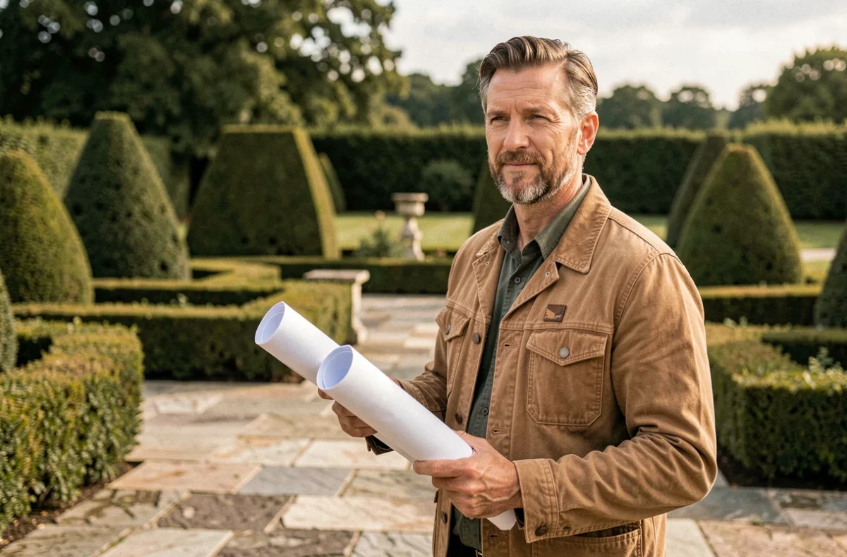 Paysagiste Franck Renier tenant des plans de jardin devant une terrasse en pierre avec topiaires en buis
