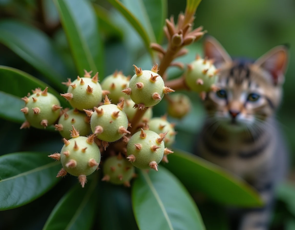 Gros plan sur les fruits et capsules de graines de l'oranger du Mexique Choisya ternata, chat tigré visible en arrière-plan dans le jardin