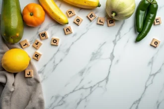 Assortiment de fruits et légumes en J disposés en flat lay sur marbre blanc avec tuiles de lettres en bois
