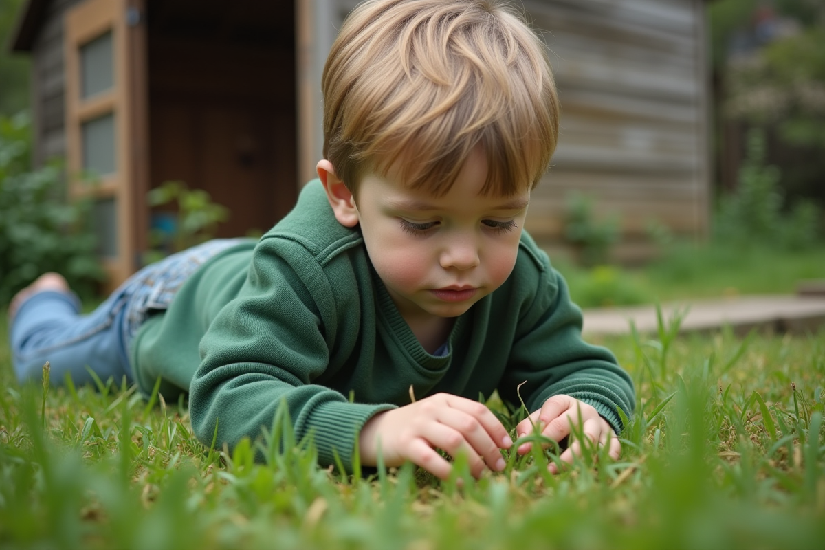 Jeune garçon observant des graminées dans un jardin