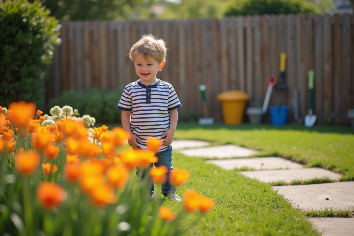 Jeune garçon admirant un lit de fleurs dans le jardin