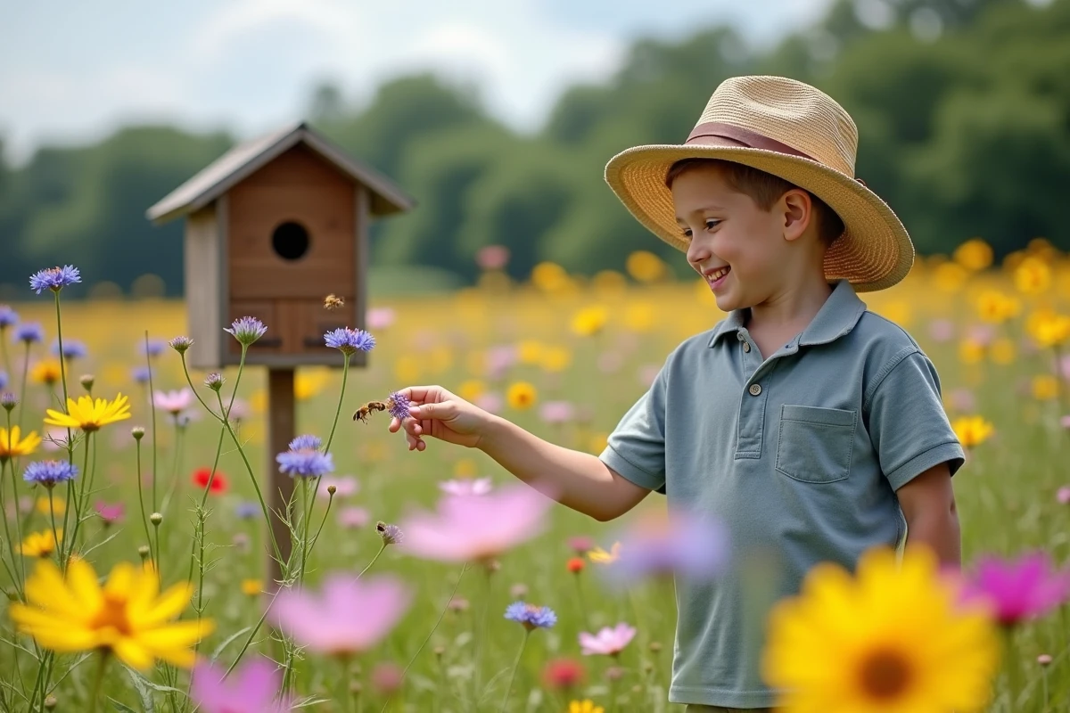 Jeune garçon dans un champ de fleurs avec des abeilles et un hôtel à insectes
