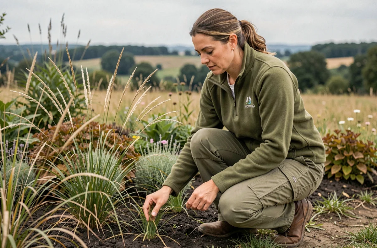 Paysagiste de Gaudron Paysage inspectant des graminées indigènes dans un jardin naturel en Val de Loire