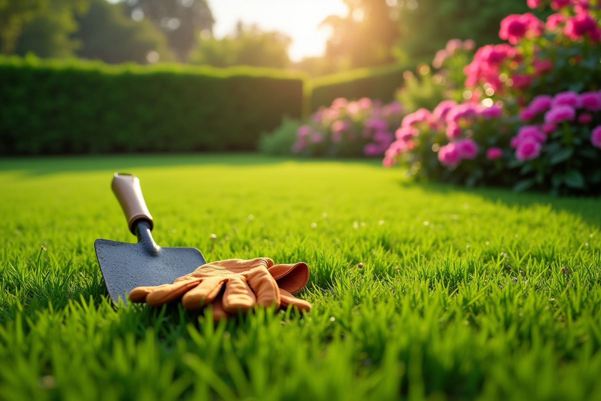 Gazon parfaitement taillé avec rosée au matin et outils de jardinage à côté