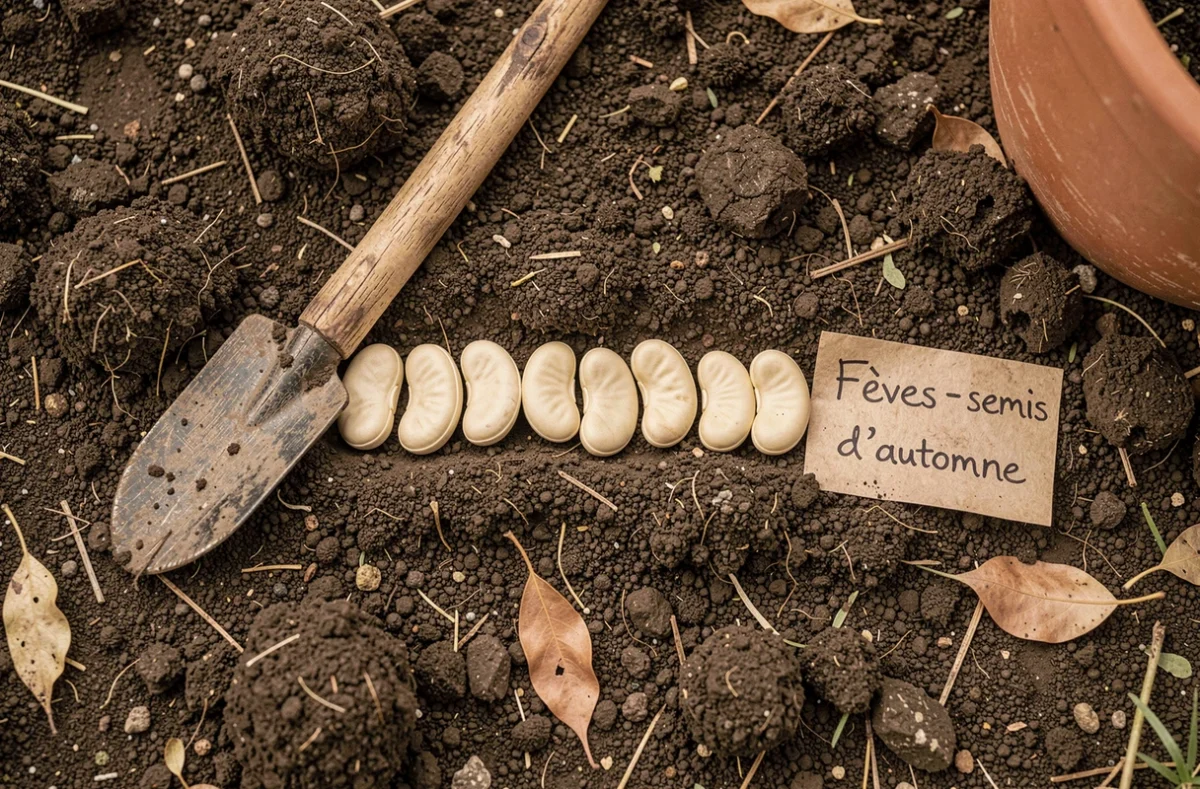 Graines de fèves prêtes à être semées en automne avec un semoir en bois dans un potager