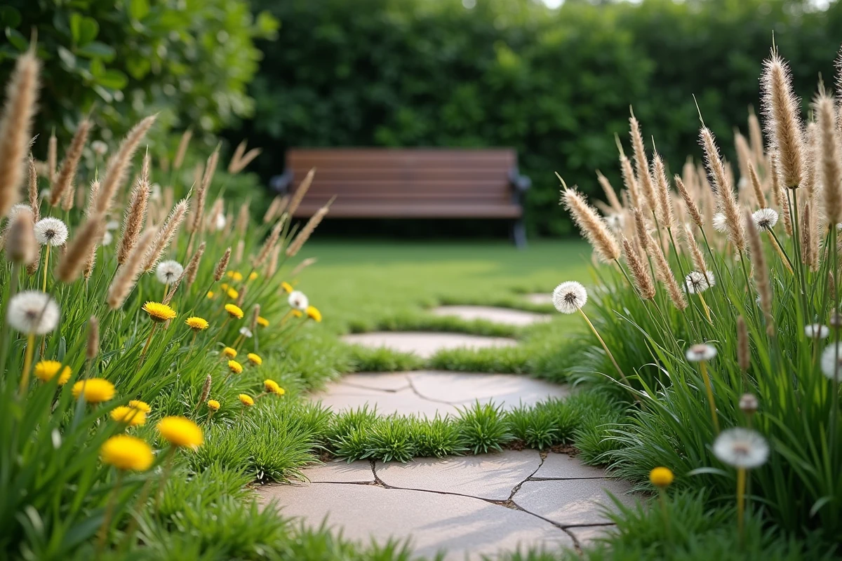 Groupe de graminées et couvre-sol dans un jardin privé