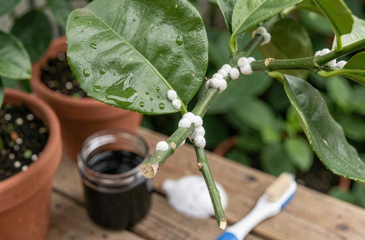 Gros plan sur une branche de citronnier infestée de cochenilles avec un traitement au savon noir en cours d'application