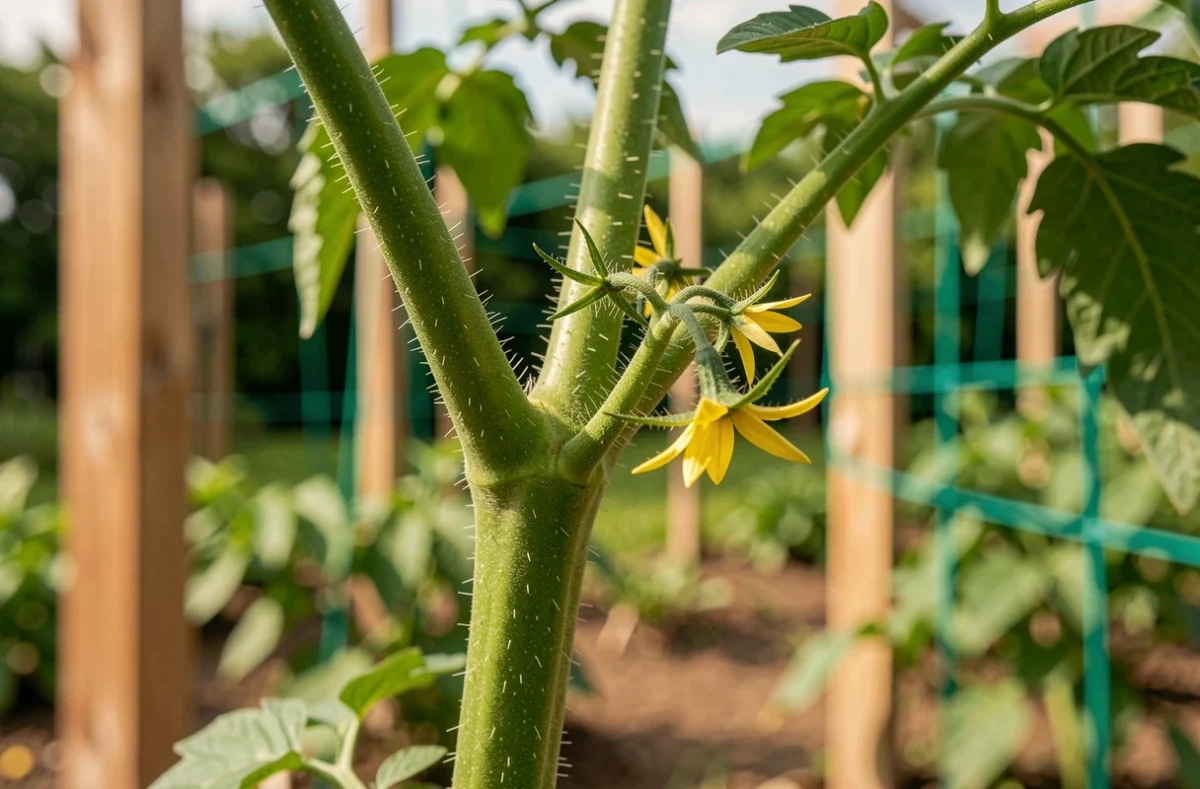 Gros plan sur un gourmand de tomate avec fleurs formées indiquant qu'il faut arrêter de l'enlever