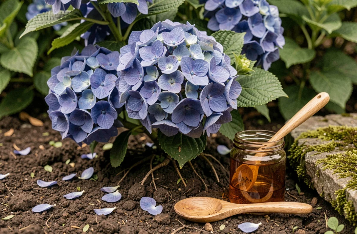 Gros plan sur des fleurs d'hortensia bleu et un traitement naturel en bocal de verre dans un jardin