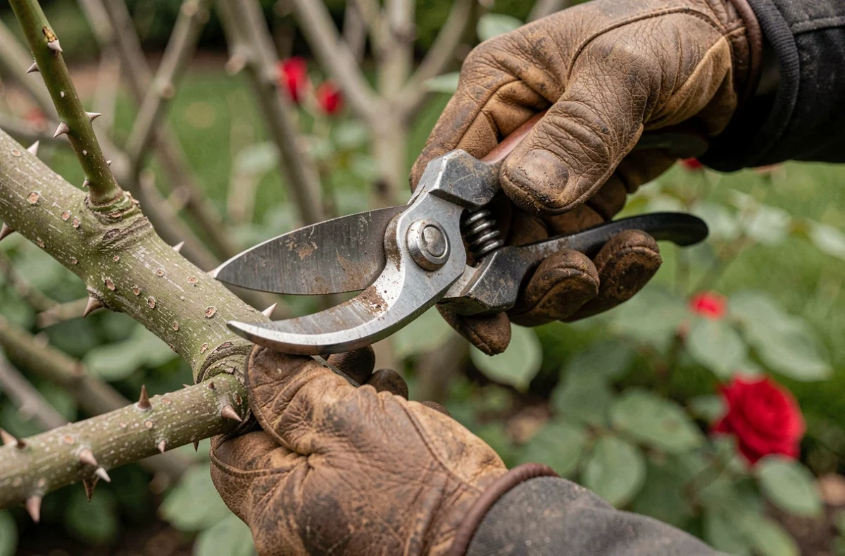 Gros plan de mains gantées tenant un sécateur au-dessus d'un rameau de rosier épineux pour une taille précise