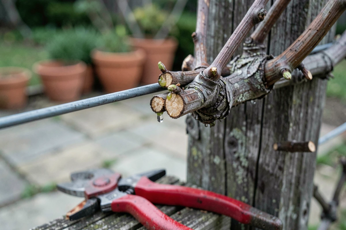 Gros plan sur des sarments de vigne fraîchement taillés montrant les coupes nettes au-dessus des bourgeons avec des gouttes de sève