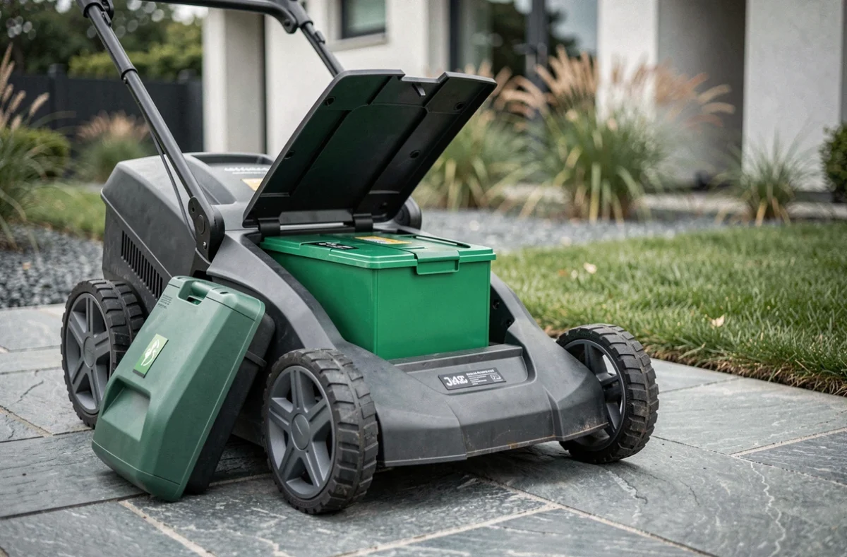 Gros plan d'une tondeuse sans fil électrique avec compartiment batterie ouvert posée sur un patio en pierre dans un jardin moderne