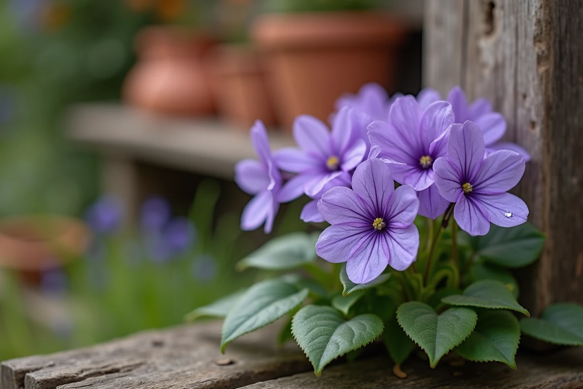 Gros plan de fleurs de violettes sauvages avec des gouttes de rosée sur les pétales dans un jardin champêtre