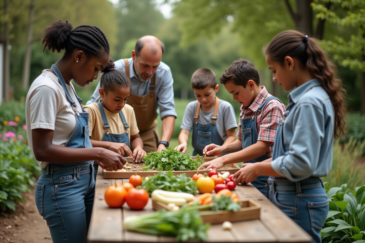 Groupe de personnes triant des légumes dans un jardin partagé