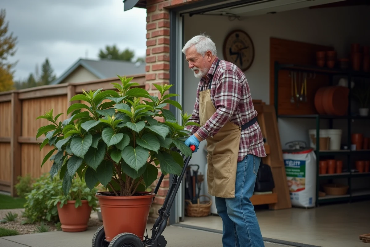 Homme rentrant un hibiscus en pot dans un garage pour le protéger des premières gelées hivernales