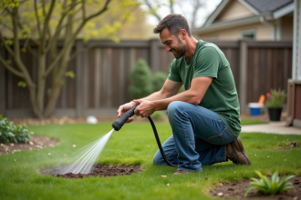 Homme arrosant la pelouse en jardin au printemps