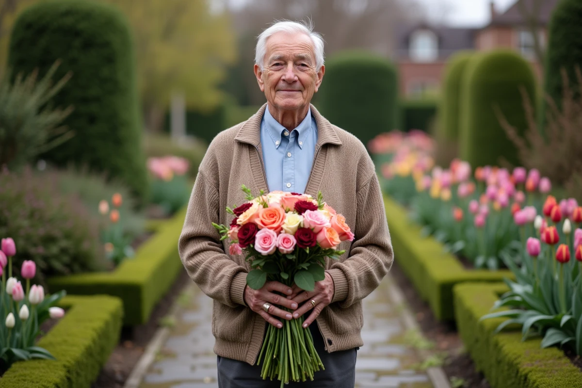 Homme âgé tenant un bouquet dans un jardin fleuri