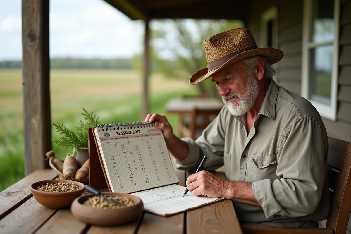 Homme âgé consulte calendrier lunaire sur la terrasse