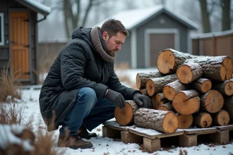 Homme inspectant du bois de chauffage en hiver