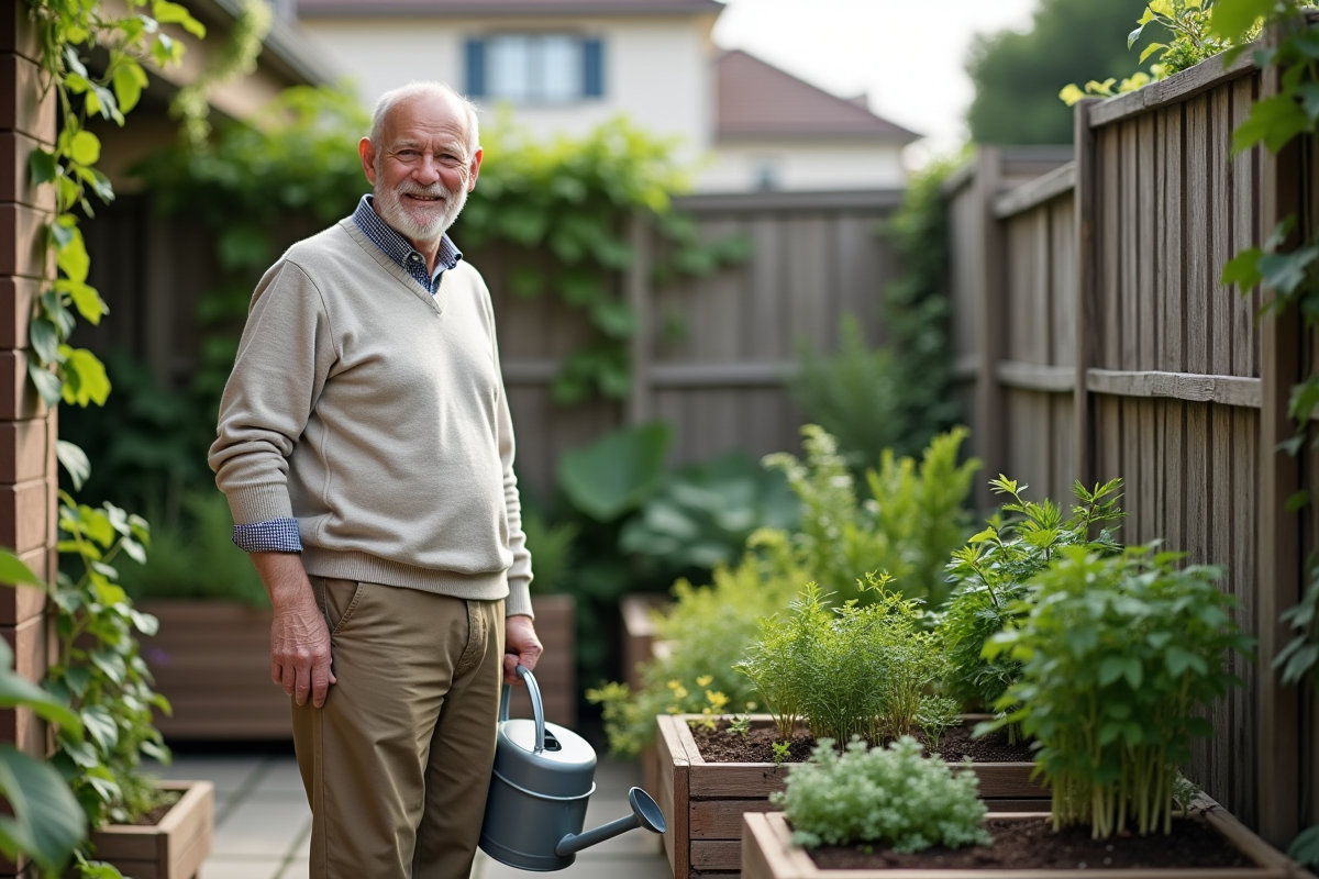 Homme âgé avec arrosoir dans un petit jardin urbain