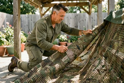 Homme examinant un filet camouflage ombrage en polyéthylène dans un jardin semi-rural, texture de maille visible en gros plan