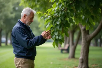 Homme inspectant un arbre de mûrier dans un parc urbain