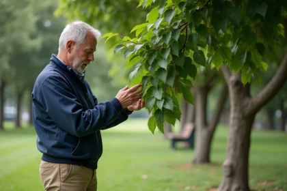 Homme inspectant un arbre de mûrier dans un parc urbain