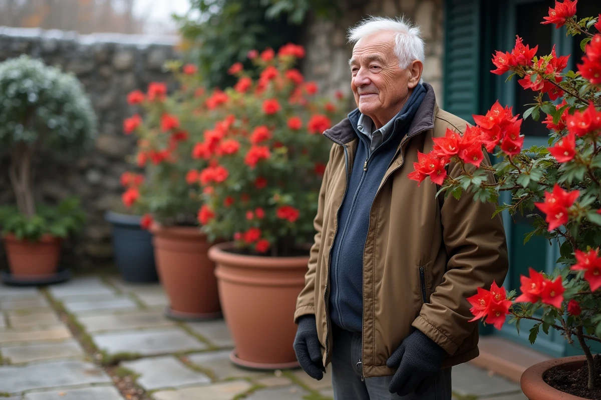 Homme âgé dehors avec bougainvillée en pot