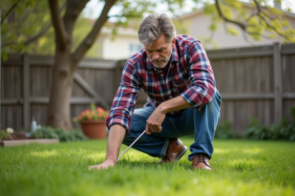 Homme d'âge moyen bricolant dans le jardin en plein air
