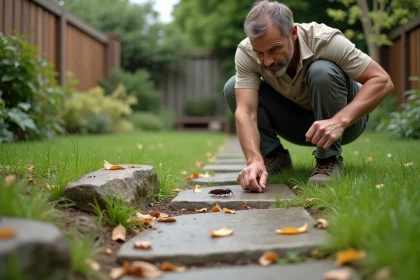 Homme d'âge moyen inspectant un cafard dans un jardin verdoyant