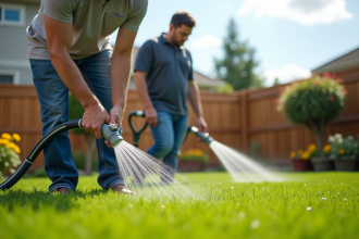 Homme d'âge moyen inspectant la pelouse verte dans le jardin