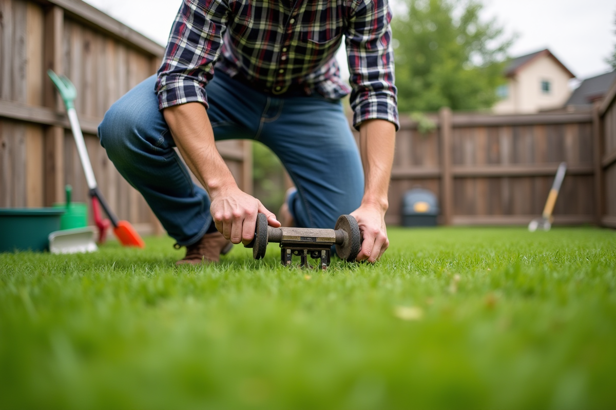 Homme d'âge moyen utilisant un aérateur de pelouse dans un jardin