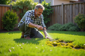 Homme en vêtements casual appliquant anti-mousse sur la pelouse