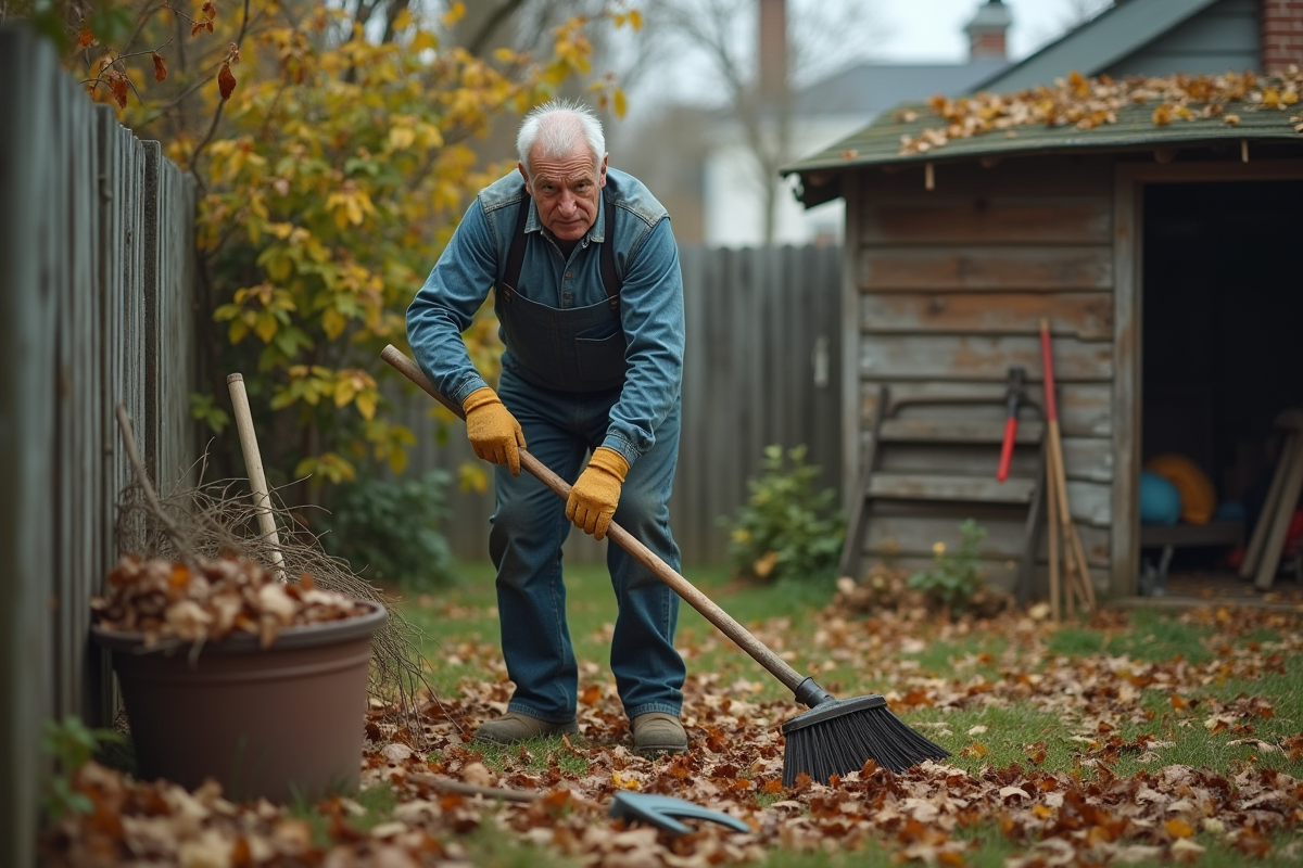 Homme âgé ratisant un jardin en désordre avec des outils
