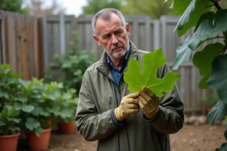 Homme examinant une feuille de figuier dans son jardin