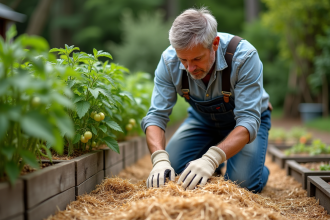 Homme en jardinage autour de plants de tomates mulchees