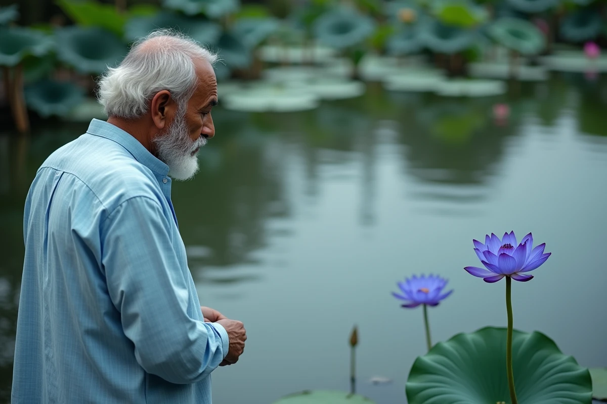 Homme âgé observant une fleur de lotus bleue dans l’eau