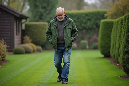 Homme en jeans vert marche dans la pelouse humide