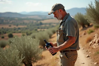 Homme d'âge moyen dans un paysage rural espagnol examine des mauvaises herbes