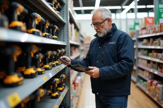 Homme d'âge moyen examinant des outils dans un magasin de bricolage
