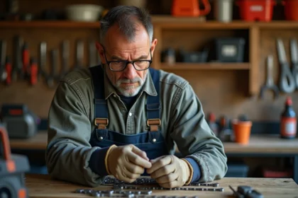 Homme en tenue de travail examine une chaîne de scie