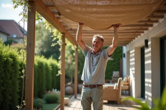 Homme en extérieur fixant une canisse naturelle sur une pergola