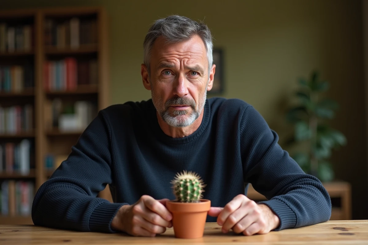 Homme perplexe recevant un cactus en cadeau, expression dubitative face à la plante épineuse
