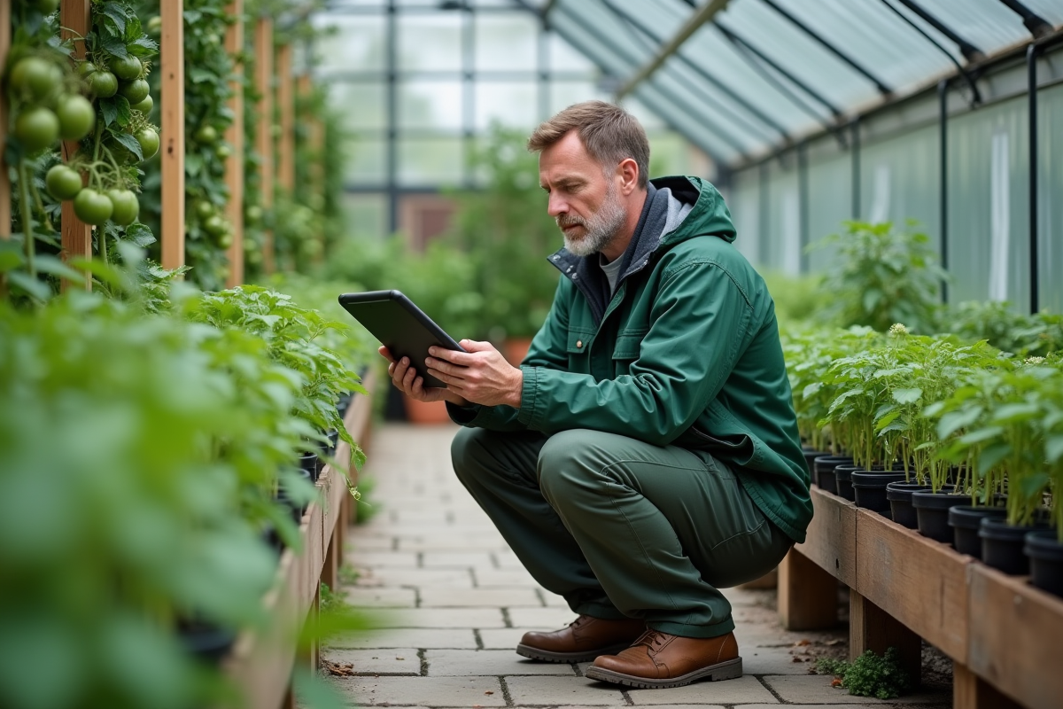 Homme vérifiant des applications de jardinage dans une serre