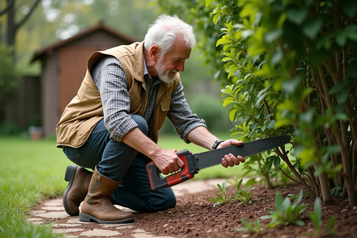 Homme âgé utilisant une scie pour tailler un mimosa