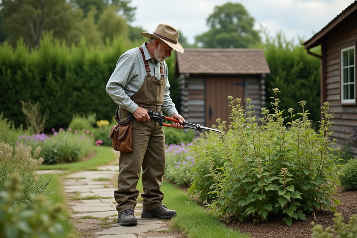 Homme âgé taillant des plantes dans le jardin