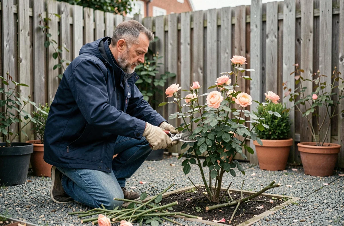 Homme agenouillé taillant un rosier buisson dans un jardin urbain, coupe du bois mort avec un sécateur