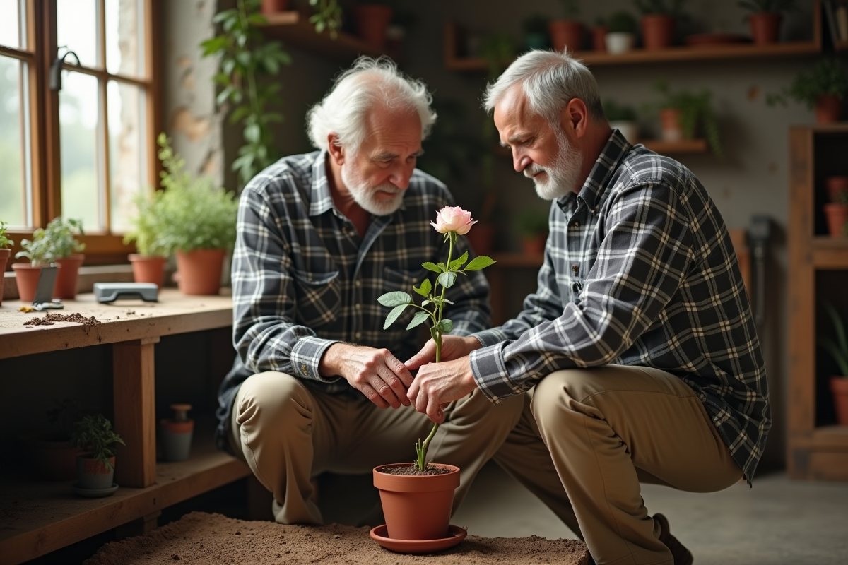 Homme âgé montre comment tailler un rosier en intérieur